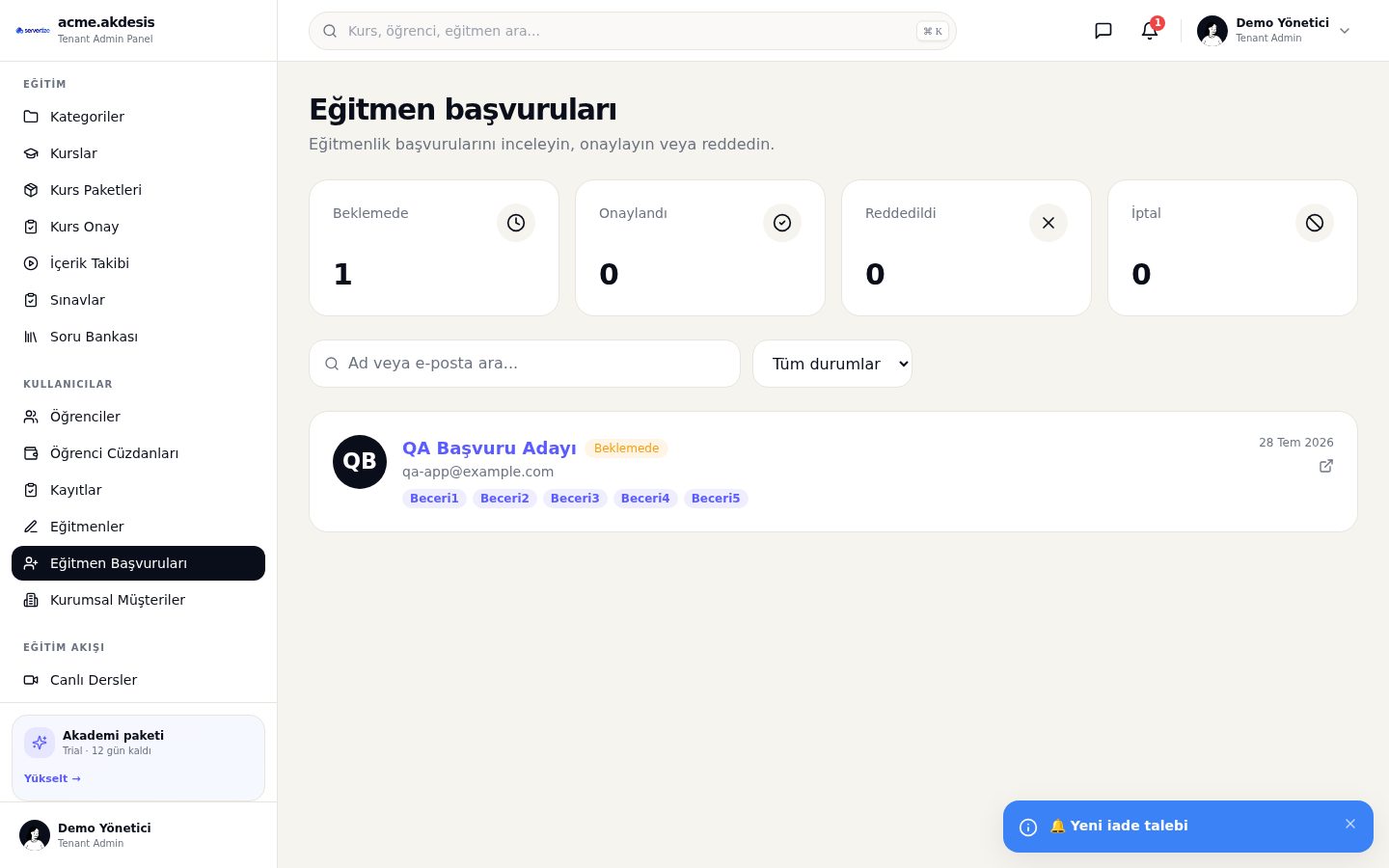 Eğitmen Başvuruları modülü ekran görüntüsü